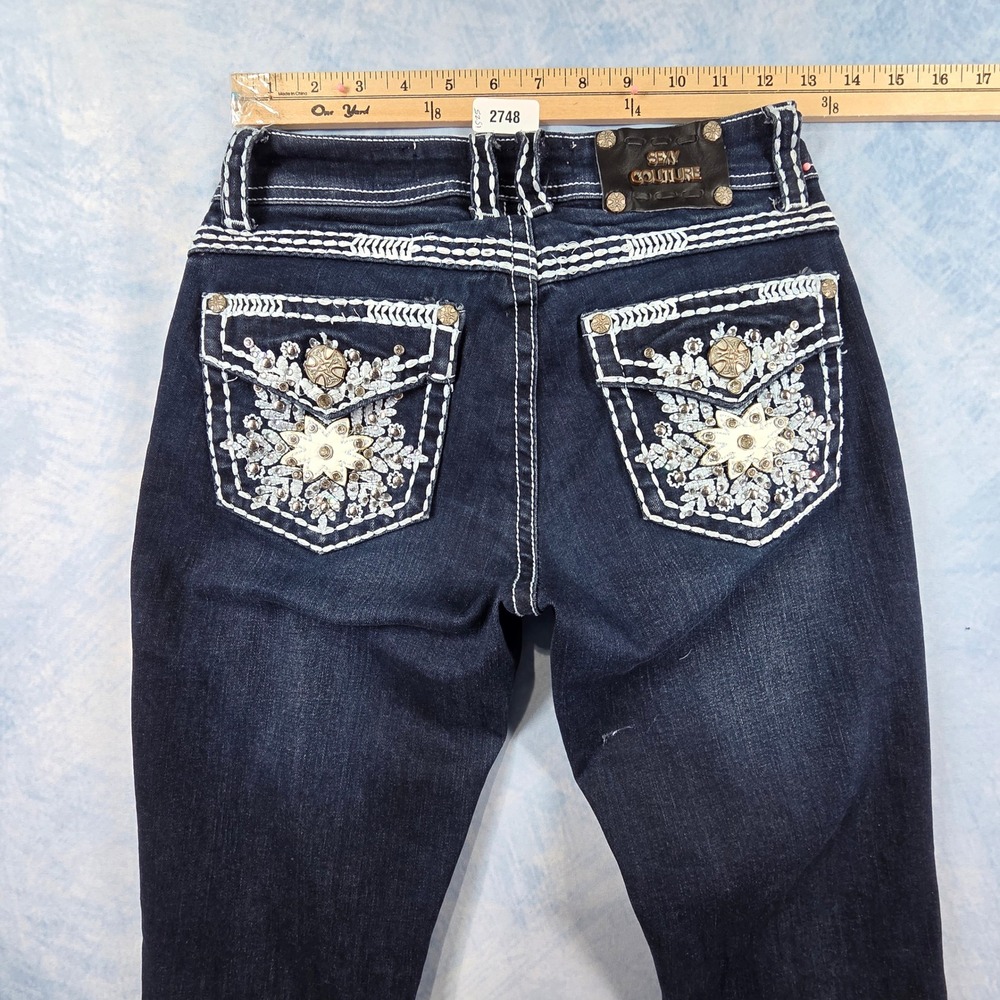 Sexy‎ Couture Dark Wash Skinny Jeans Crystal Embellished Flap Pocket Womens Sz 3